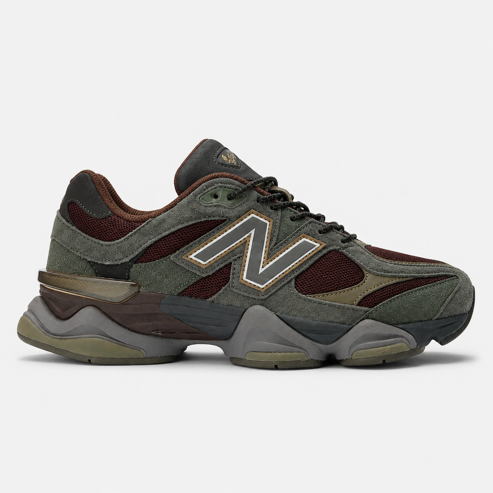 New Balance 9060 maslinaste i bordo patike – vanjski bočni prikaz